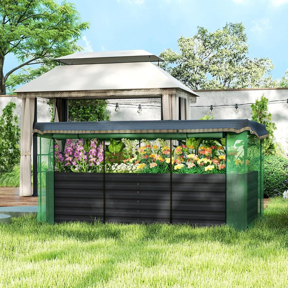 7.3 x 3.4 x 2 ft Galvanized Raised Garden Bed with Crop Cage Plant Protection Net and Shade Cloth Roof, Metal Planter Box