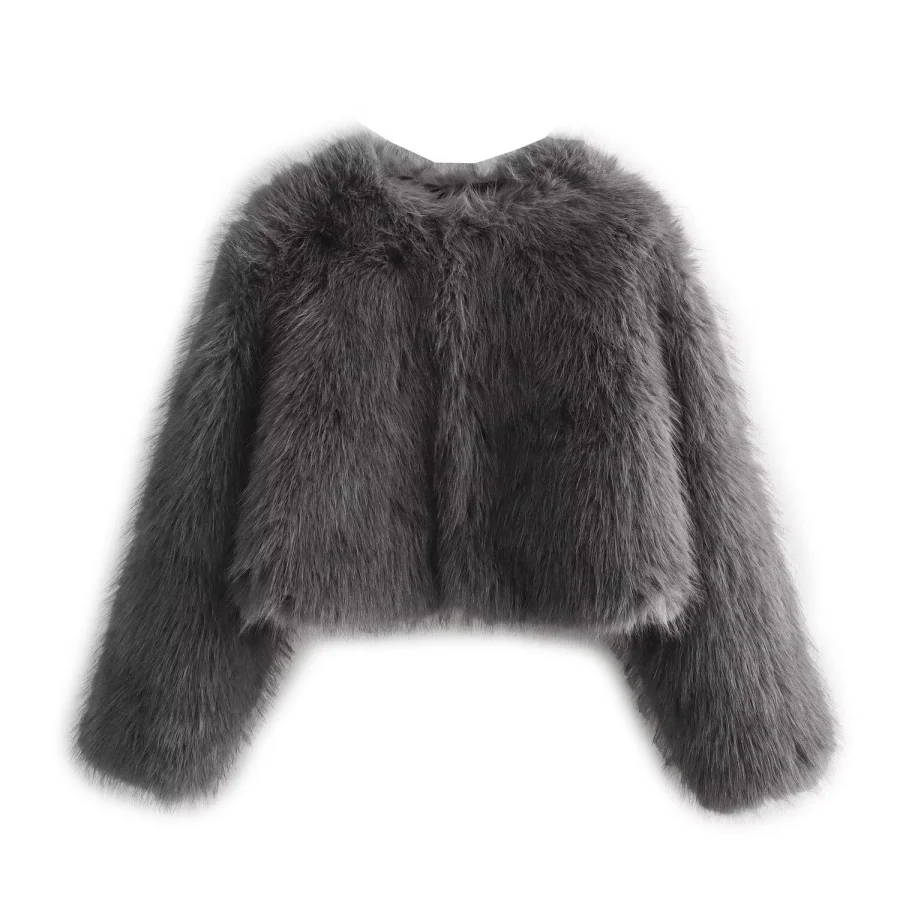 Faux fur jacket Traf 2024 Fall/Winter New Fashion Women\'s Faux Fur Effect Round Neck Long Sleeve Short Jacket