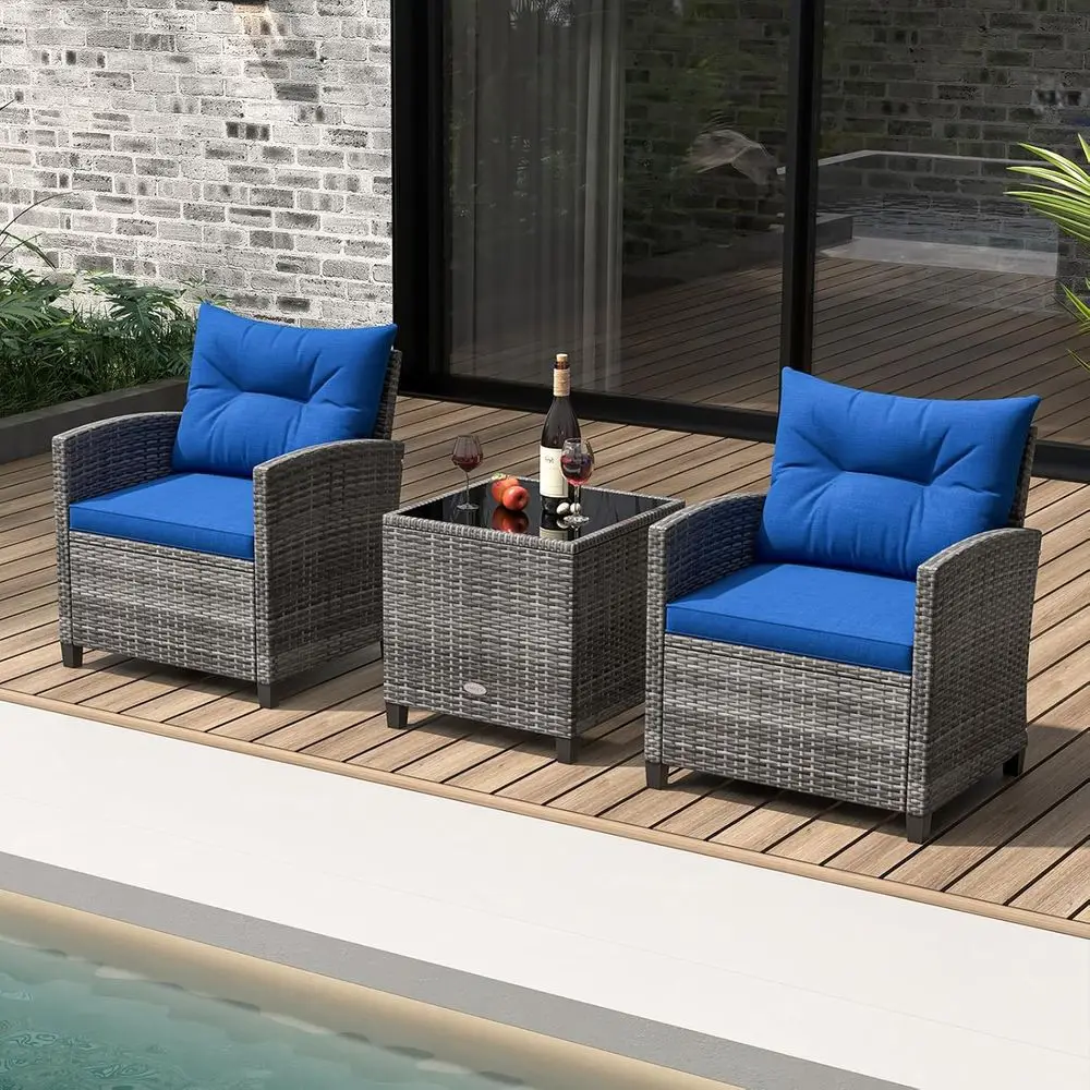 3-Piece Outdoor PE Rattan Patio Furniture Set with Cushions and Tempered Glass Top for Garden, Balcony (Navy)