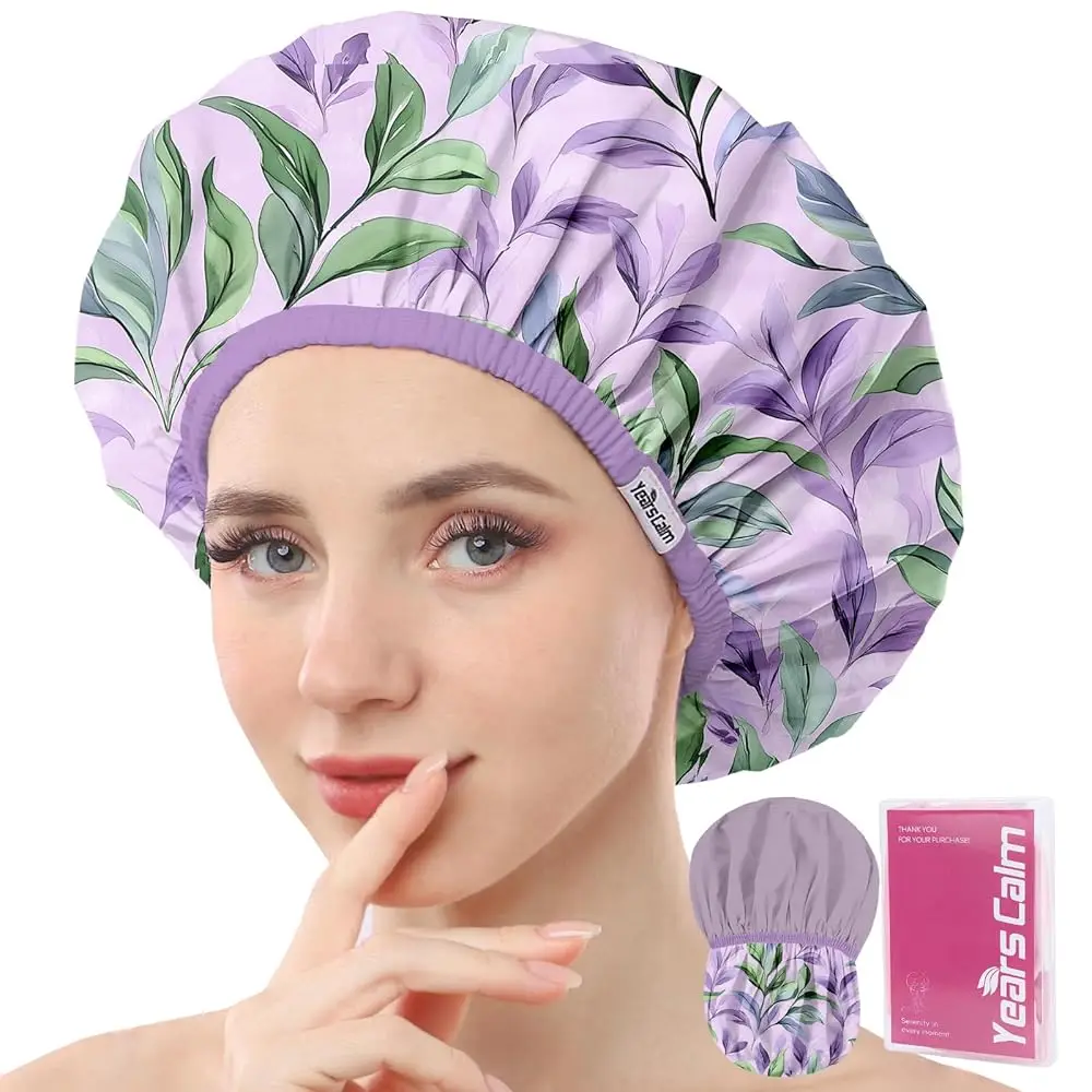 

Shower Caps for Women Reusable Waterproof – Double Layer Elastic Cap with Tropical Botanical Print Shower Cap for Shower, Sp
