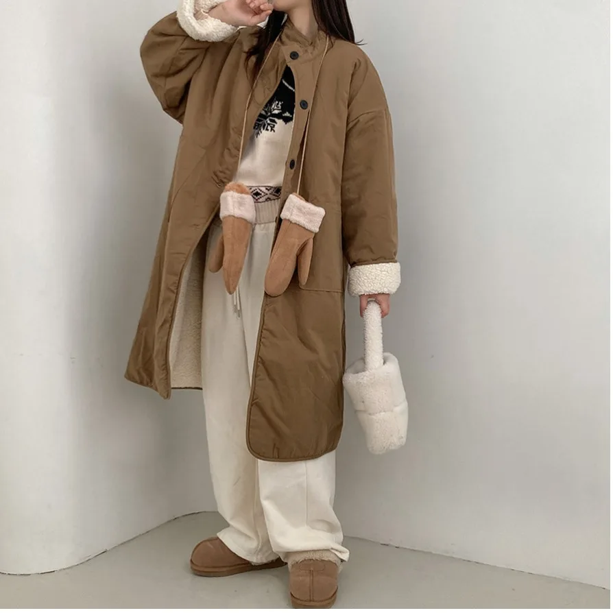 

Women's Cotton Jaet Korean Sle Winter Versatile Small Stand Collar Double-Sided Wear Large ket Medium-Length Lamb Fur ...