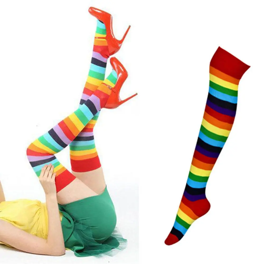 Practice for  Lady Girl Polyester Cotton Socks Women Stripey Stockings Long Stockings High Tights Rainbow Colorful Stockings