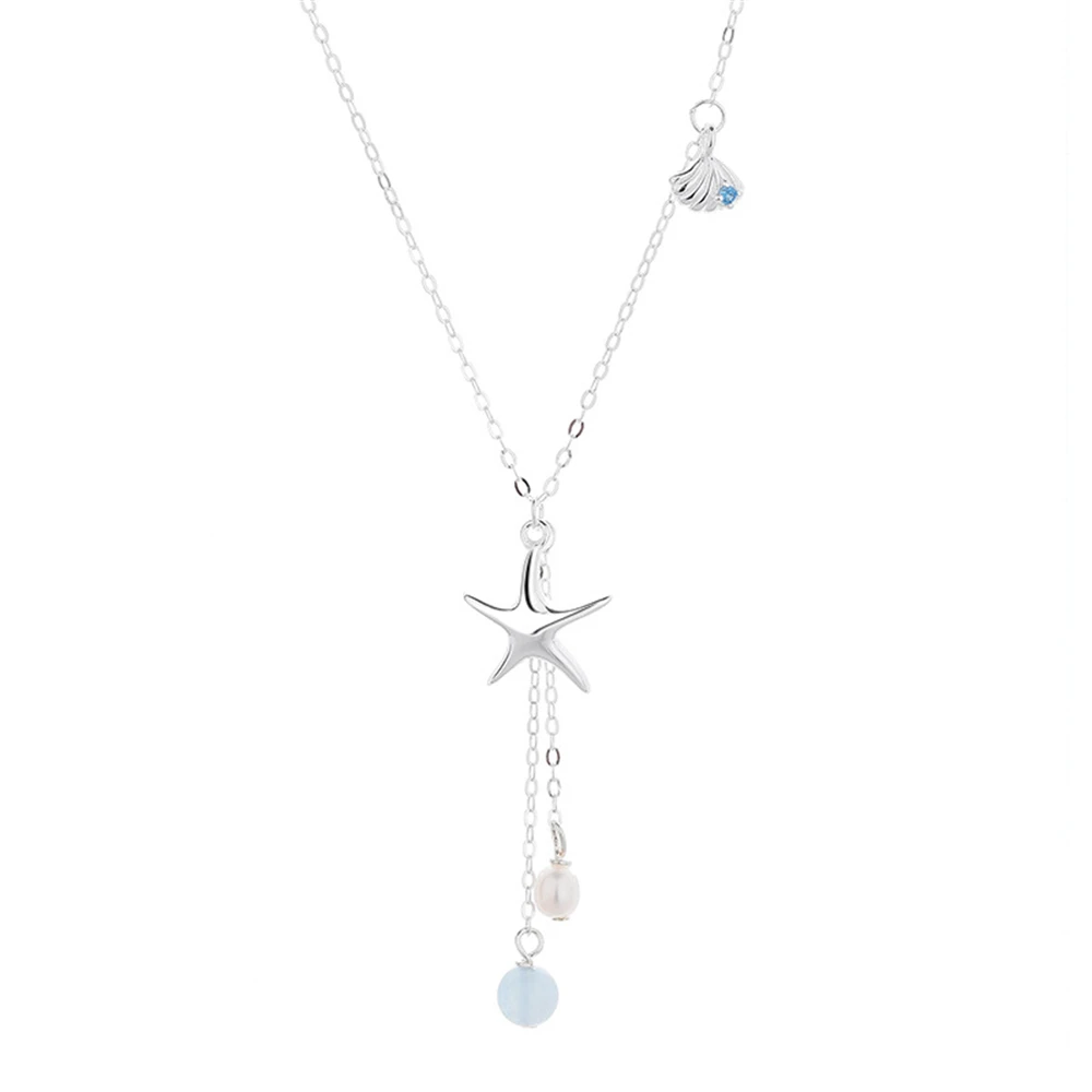 

Ожерелье из стерлингового серебра 925 пробы с натуральным аквамарином и пресноводным жемчугом, сладкая морская звезда, замок в виде ракушки, свежий женский аксессуар
