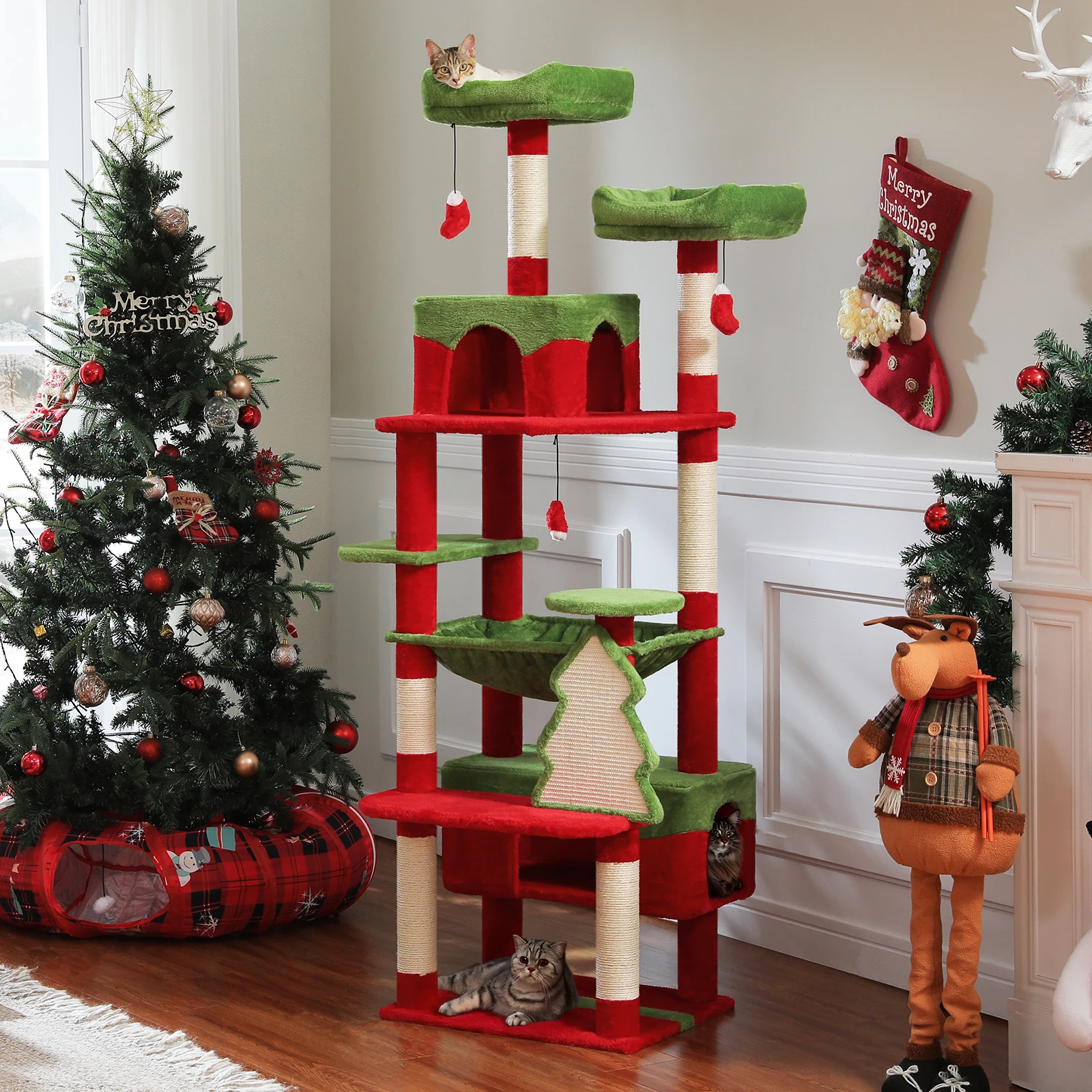 Weihnachts-Katzenbaumturm mit rot-grünem Eigentumswohnung, mehrstufiger Katzenturm mit Sisal-Kratzbäumen, Katzenmöbel für Hauskatzen – Detail 13