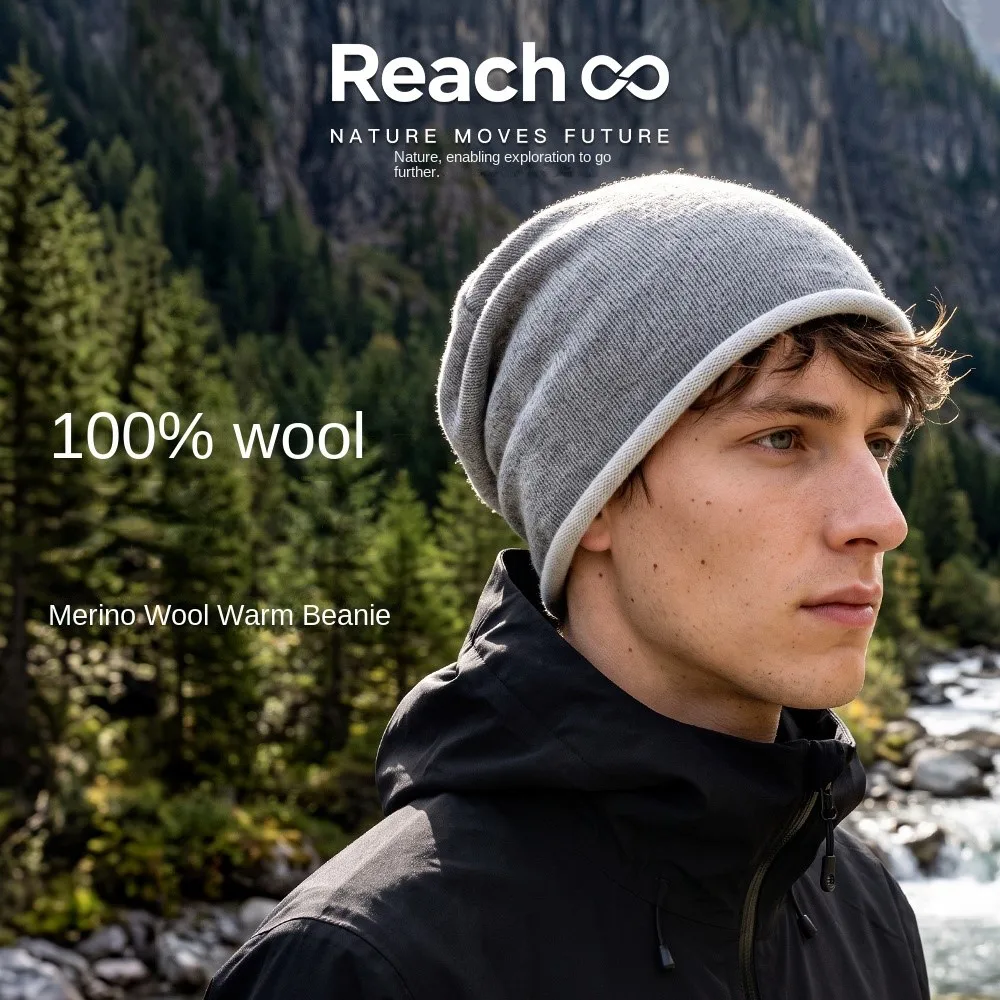 Adults 100% Merino Wool Seamless Slouch Hat Unisex Contrast Trim Soft Light Warm Autumn Winter Cap Outdoor Windproof