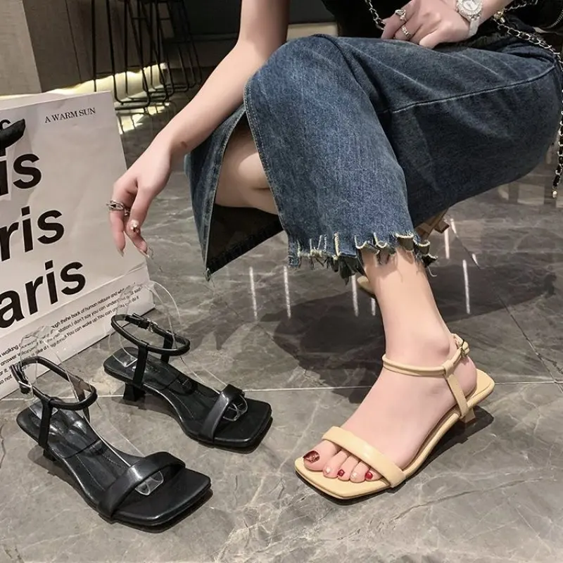 2023 Spring Summer Fashion New Women Genuine Leather Square Head Thin Mid-heel Sandals Simple Casual Shoes Female Chic Fine with