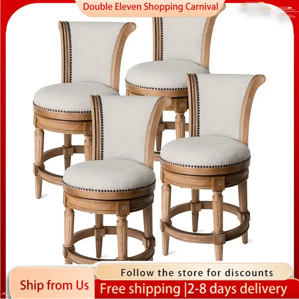 Tall Counter Height Upholstered Barstool with Back in Weathered Oak Finish with Sand Color Fabric Cushion Seat, Set of 4