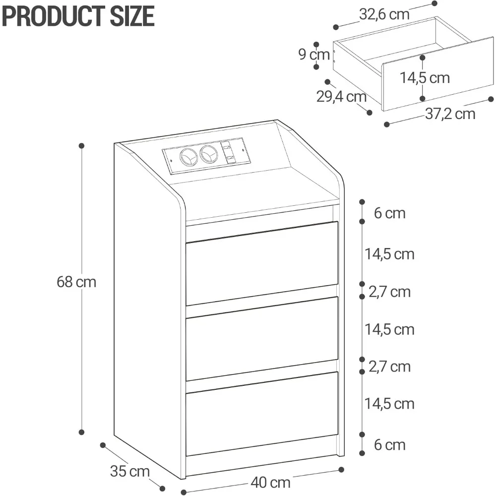 Mesilla de Noche de 3 Cajones، Mesa Auxiliar con Estacional de Carga y LED #2
