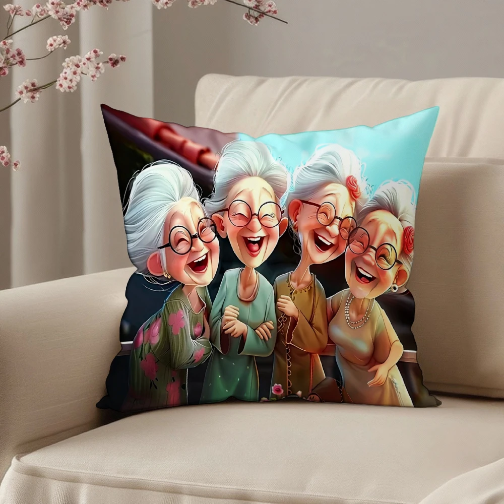 Square Throw Pillow Case Multicolor Happy Elderly Women Cartoon Print Home Sofa Bedroom Living Room Decor Cushion Cover