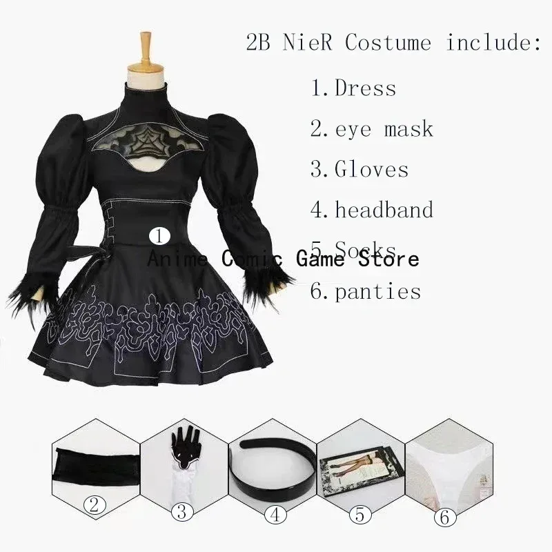 In Stock S-2XL 2B NieR:Automata Cosplay Costume Wig Eye Mask  Actress Sexy Gothic Black Dress Halloween Party Outfits for Women