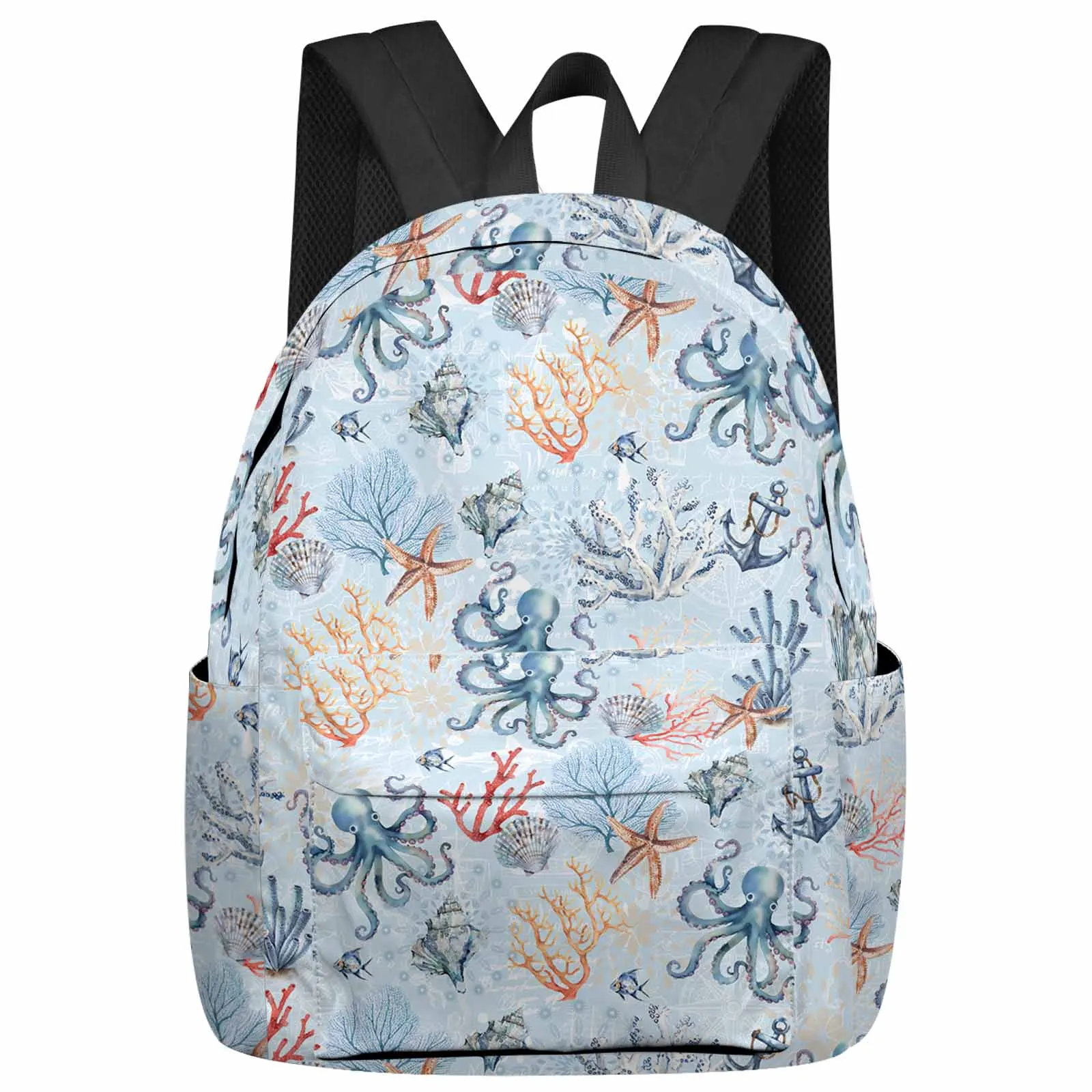 

Summer Ocean Coral Shell Starfish Conch Octopus Blue Large Capacity Multi Pocket Travel Backpack Schoolbag Women Laptop Rucksack