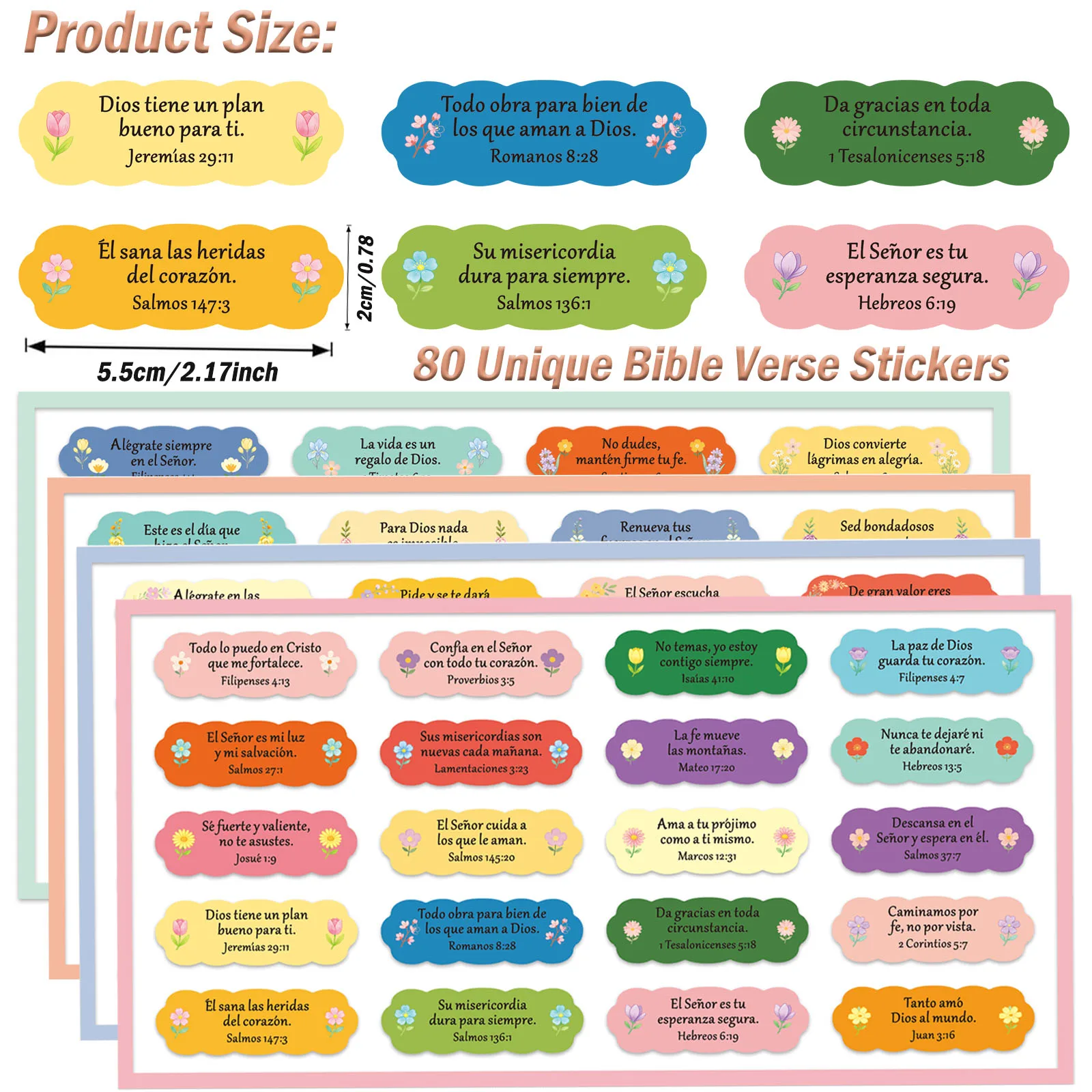 80/160 Pcs Floral Spanish Bible Verse Stickers, 80 Unique Non-Repeat Inspirational Floral Scripture Stickers for Decoration