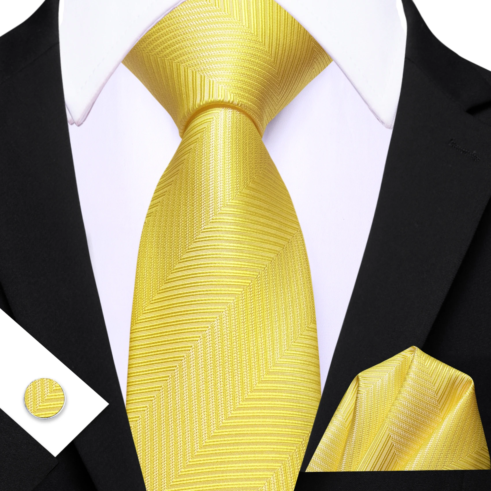 Herren-Krawatte, breite Streifen, gelb, violett, rot, Krawatten, Einstecktuch, Manschettenknöpfe, Set, Krawatte, formelle Hochzeit, Dinnerparty
