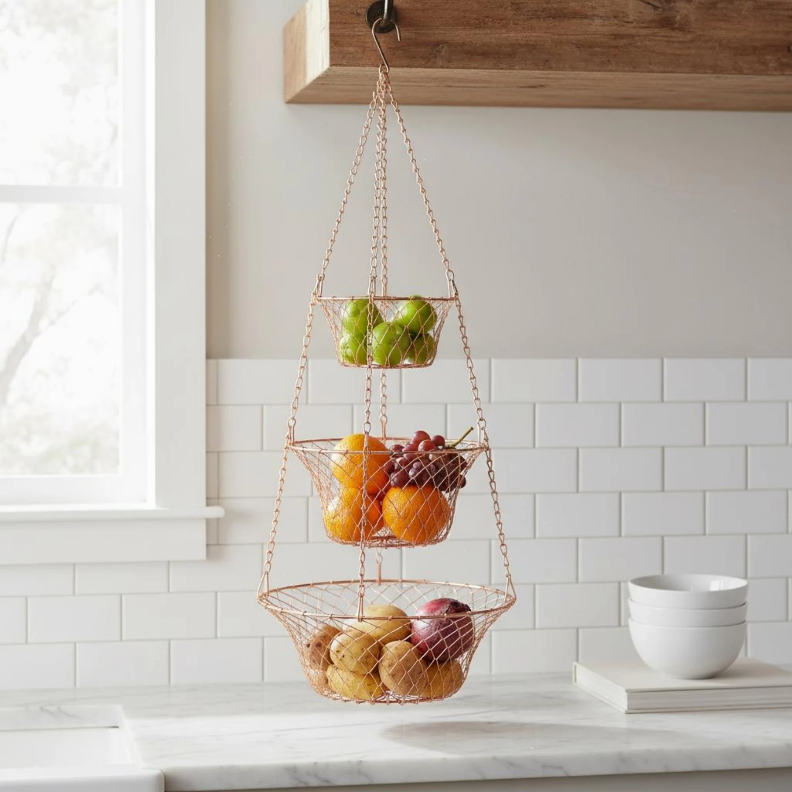 3-Tier Hanging Fruit Basket Space Saving Wire Fruit Hanging Basket Household Storage for Living Room, Kitchen