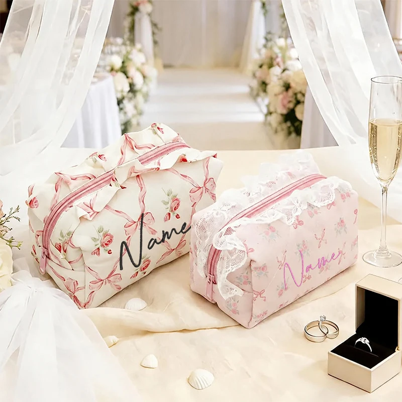 Personalized Embroidered Ruffle Makeup Bag Quilted Cotton Cosmetic Pouch Custom Bridesmaid Gift Multi Functional Storage Bag