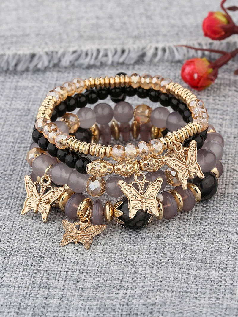 Bohemian Bracelets Women Crystal Beaded Butterfly Pendant New Fashion Accessories Jewelry Multi-Layered Colorful Bracelets 1 Pcs