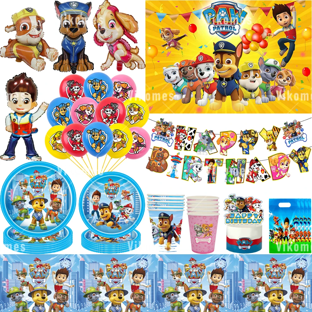 Paw Patrol Balloons Cartoon Dog Ryder Chase Skye Ballons Happy Birthday Banner Party Decorations Disposable Tableware Background