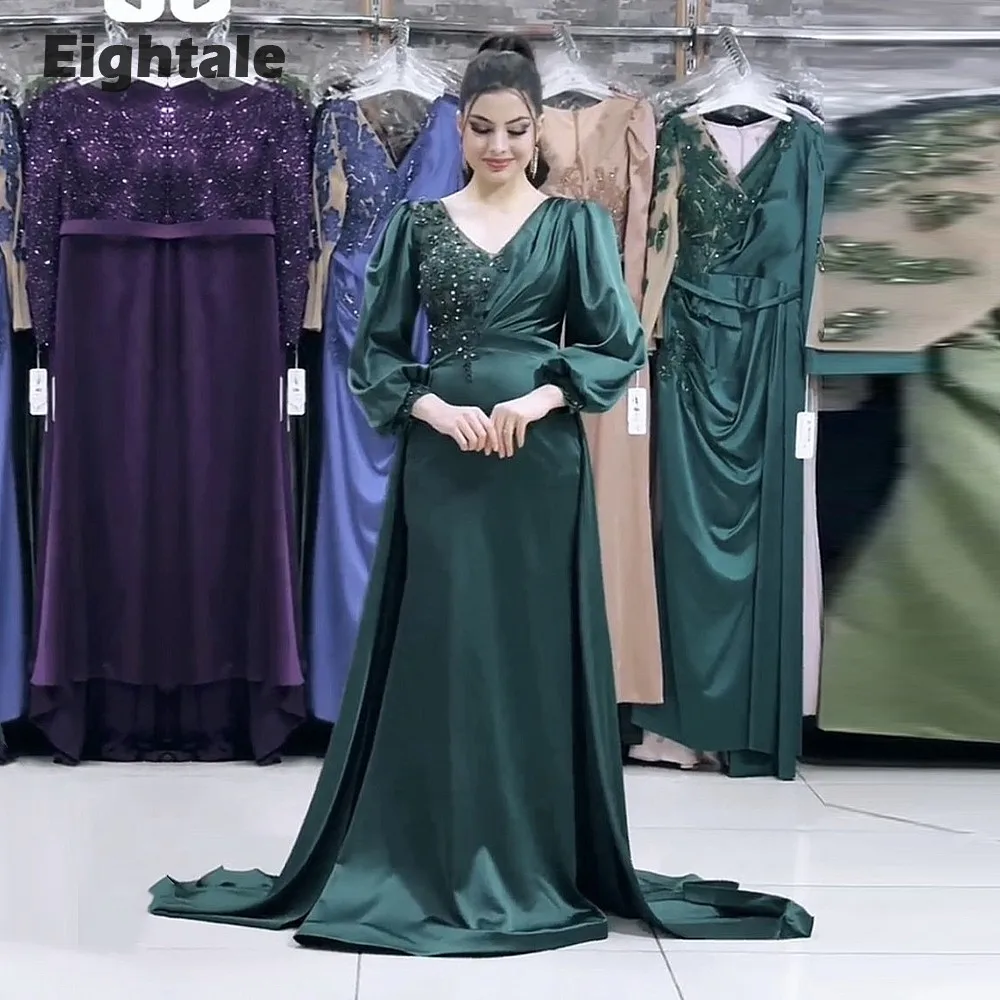 

Eightale Dark Green Evening dresses for women 2023 V-Neck Appliques Beaded Long Sleeves Arabic Prom Party Gown vestidos de gala