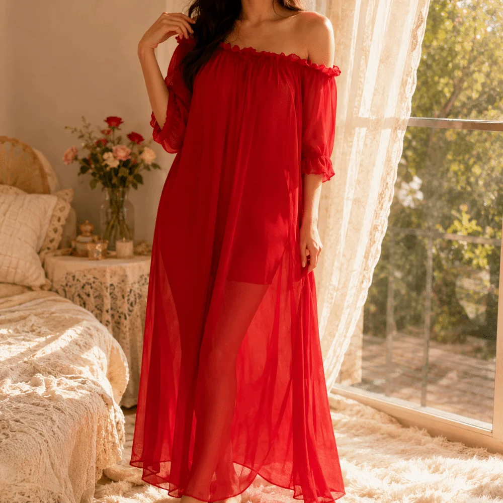 

Breathable Off Shoulder Sheer Nightgown Ruffle Short Sleeve Mesh Nightdress Transparent V-neck Long Sleeping Dress Women