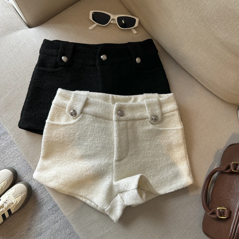 

Женские осенне-зимние элегантные шерстяные широкие шорты, женские однотонные уличные узкие короткие брюки