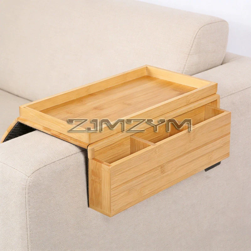 Bamboo Sofa Armrest Storage Tray Table, Foldable Space-Saving Organizer Shelf for Snack, Remote Control Holder Living Room