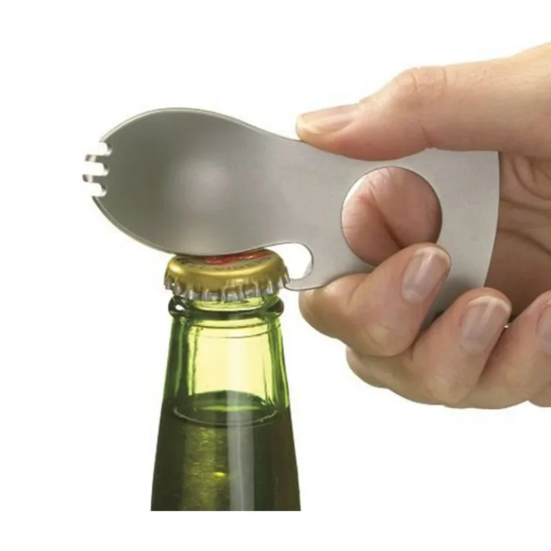 1개 야외용 EDC 실용적인 포크 스푼 맥주 캡 렌치 휴대용 미니 기어 도구 스테인리스 스틸 병따개 캠핑 다기능