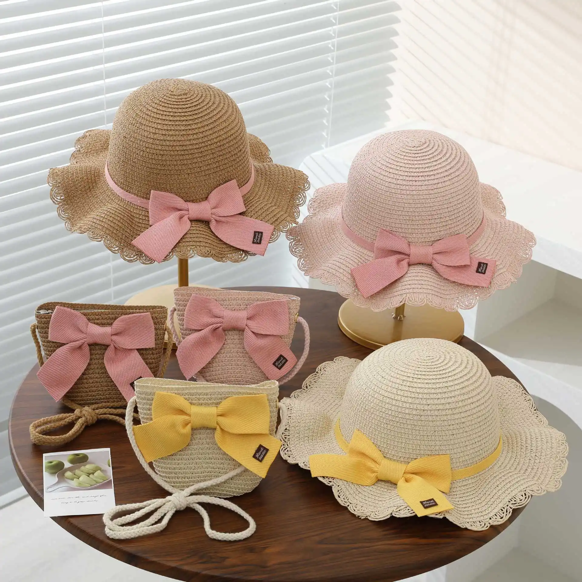 Summer Outing Forest Sweet Straw Hats Girls Sunshade And Sun Protection Caps Beach Princess Children Straw Hat Cap Bag Suit