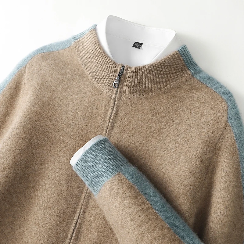 Autumn Winter New Half-High-Necked Zipper Color Matching Pure Wool Cardigan Men's Loose Leisure Business Sweater Knitted Coat