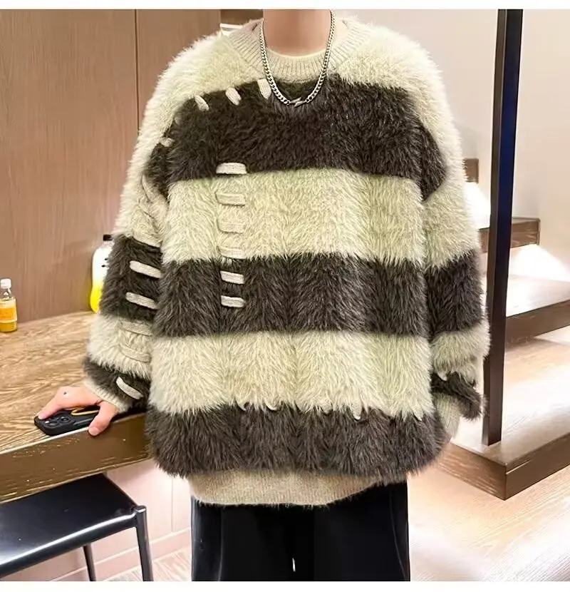 

Men's Sweater Striped Contrasting Sweater Mink Fur Japanese Vintage Style Knitted Top Loose Lazy Style Furry Pullover Knitted