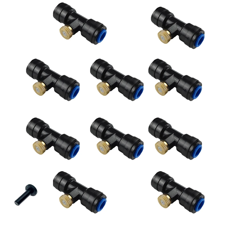 

10 Pcs Pack Brass Misting Nozzles For Outdoor Cooling System With 3/16'' Threaded T Connectors 1/4‘’ Quick Fitting POM