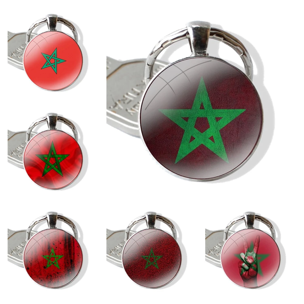 Cartoon Design Fashion Creative Morocco Flag Keychain Handmade Glass Cabochon Key Ring Holder Pendant Key Chains