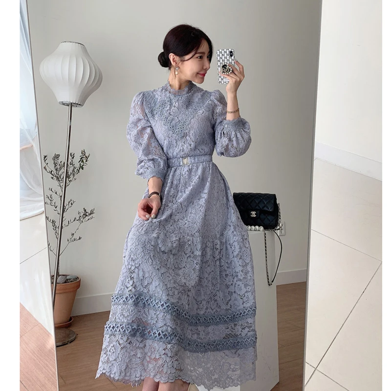 Hight Quality New Fashion Elegant Runway Crochet Lace Dress Women's Long Lantern Sleeve Stand Collar A Line Dress vestidos