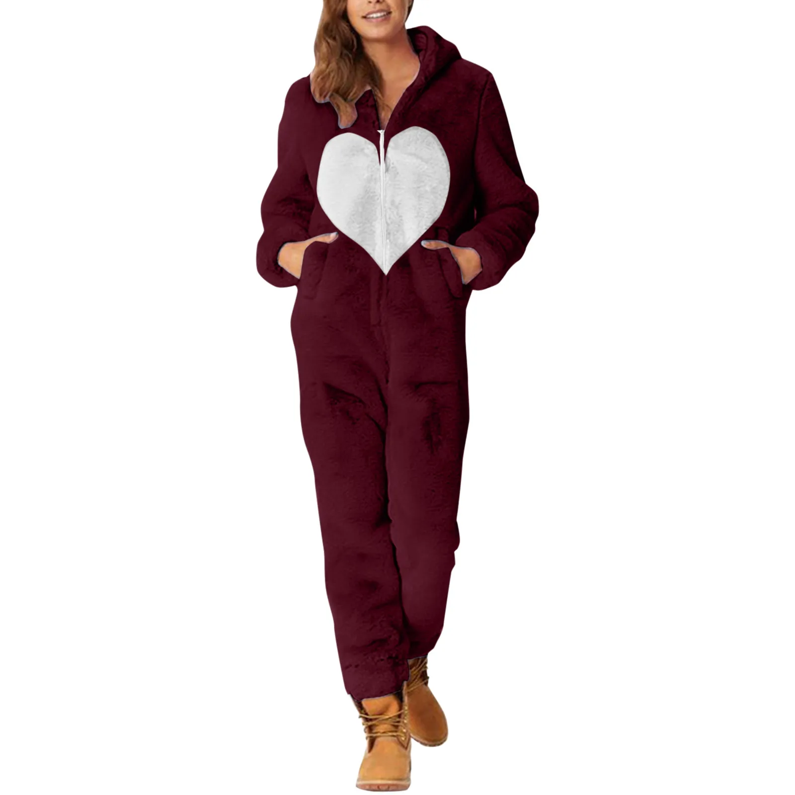 S-5XL Coral Fleece Warm Womens One-Piece Pajamas Ladies Heart Printed Loose Hooded Jumpsuit Sleepwear Female Winter Homewear