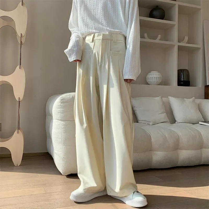 Harajuku Retro Casual Pants Women High Waist and Wide Legs Versatile Gentle Solid Color Side Style Strap Up Suit Pants Women