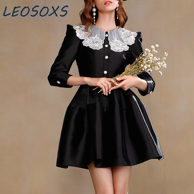 Autumn Clothes 2023 Puffy Dinner Dress Daily Style Peter Pan Collar Lace Slimming Retro Ball Gown Dress  Women Mini Dresses