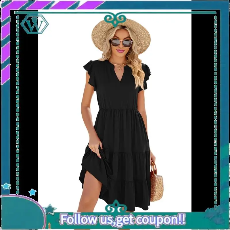 A09P Vestido feminino de verão com babados, manga com decote em V, vestidos midi, moda casual, ajuste flowy, em camadas, boho, praia