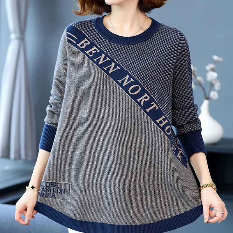 Fashion Striped Patchwork Letter Sweaters Autumn Winter Casual Loose Women\'s Clothing O-Neck Korean Long Sleeve Knitted Jumpers