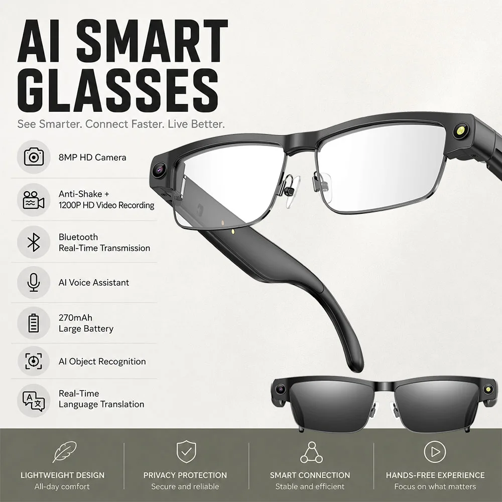 New 4K HD Smart Glasses AI Voice Assistant 1200P Anti-shake HD Video 800W Camera  Bluetooth Call AI Translation Smart Glasses