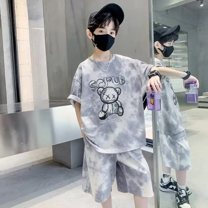 Summer Teenage Boy Cartoon Bear Clothes Set Children Girls Tie Dye Tshirts and Shorts 2pcs Suit Kid Top Bottom Outfits Tracksuit