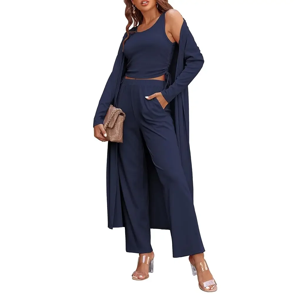 

Women's 3 Piece Lounge Set Pajama Long Sleeve Cardigan Sleeveless Top Pants Sweatsuit S-XXL