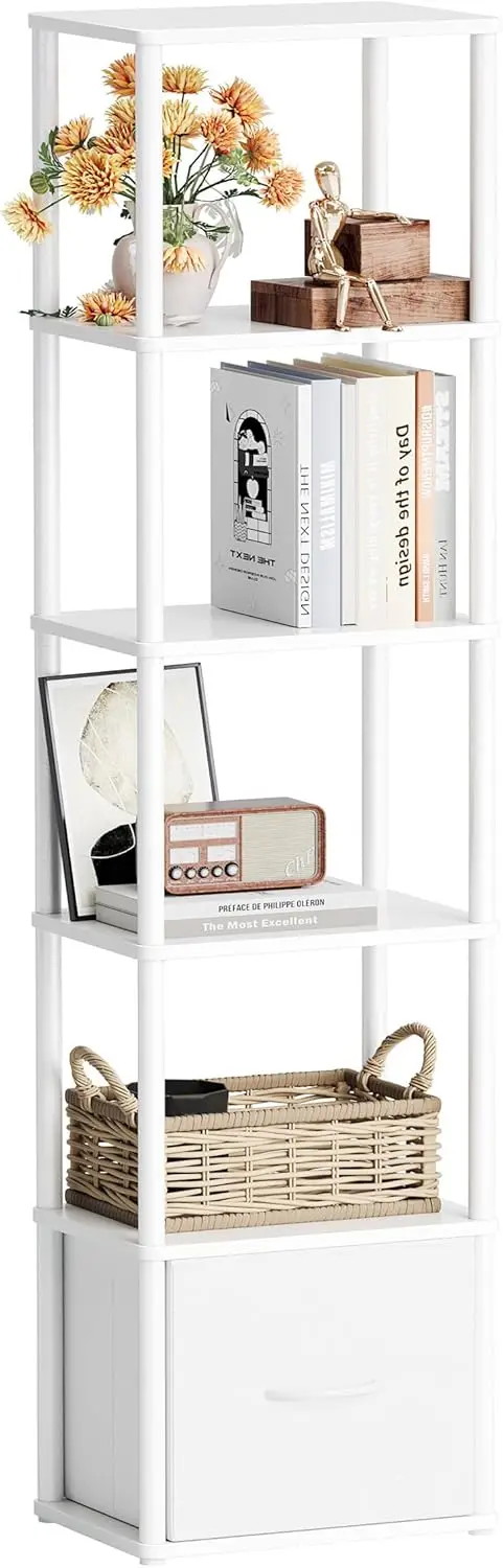 

6-Tier Bookshelf Organizer, Narrow Bookcase with Drawer, Tall Skinny Bookshelf for Living Room, Bedroom, Office, White