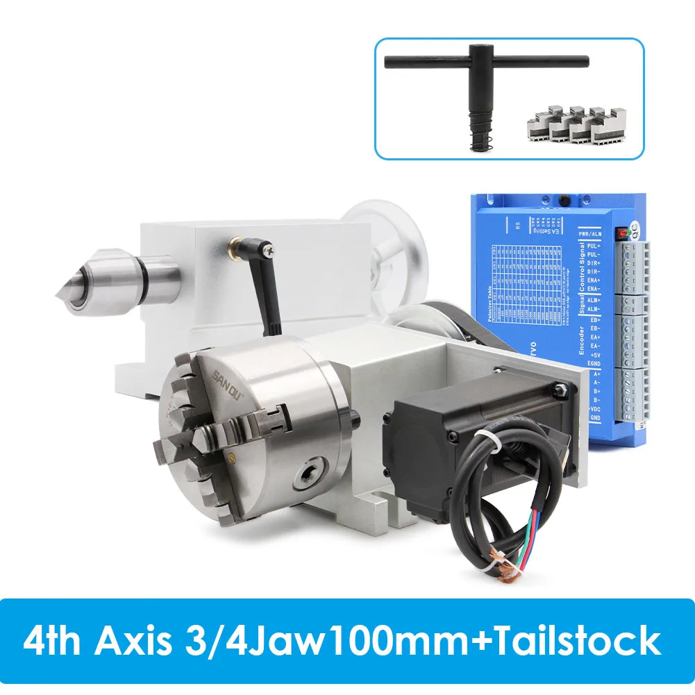 4th Axis Kit 3/4Jaw 100mm NEMA23 2.2Nm HBS57 Closed Loop Stepper Motor A axis Rotation Axis With Tailstock Changeable Head