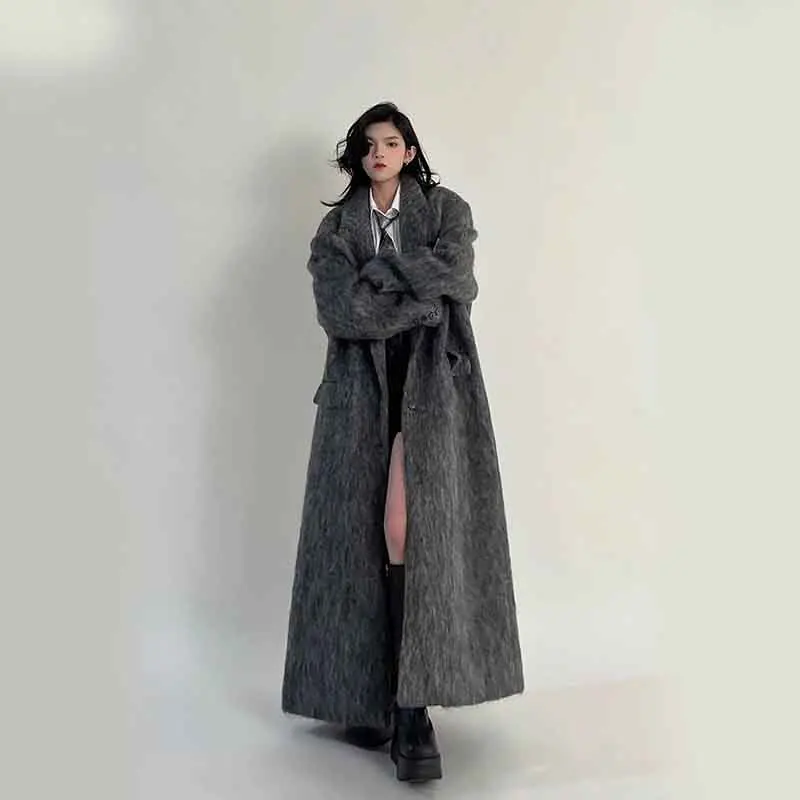 Autumn Korean Women Faux Woolen Coats Y2K Fashion Winter Solid Thicken Long Jacket Female Loose All Match Fluffy Blends Outwear