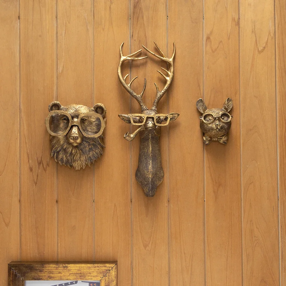 Antik Bronze Harz Tier Anhänger Goldener Hirschkopf Wandaufbewahrung Haken Hintergrund Wandzubehör Dekorative Figuren – Detail 1
