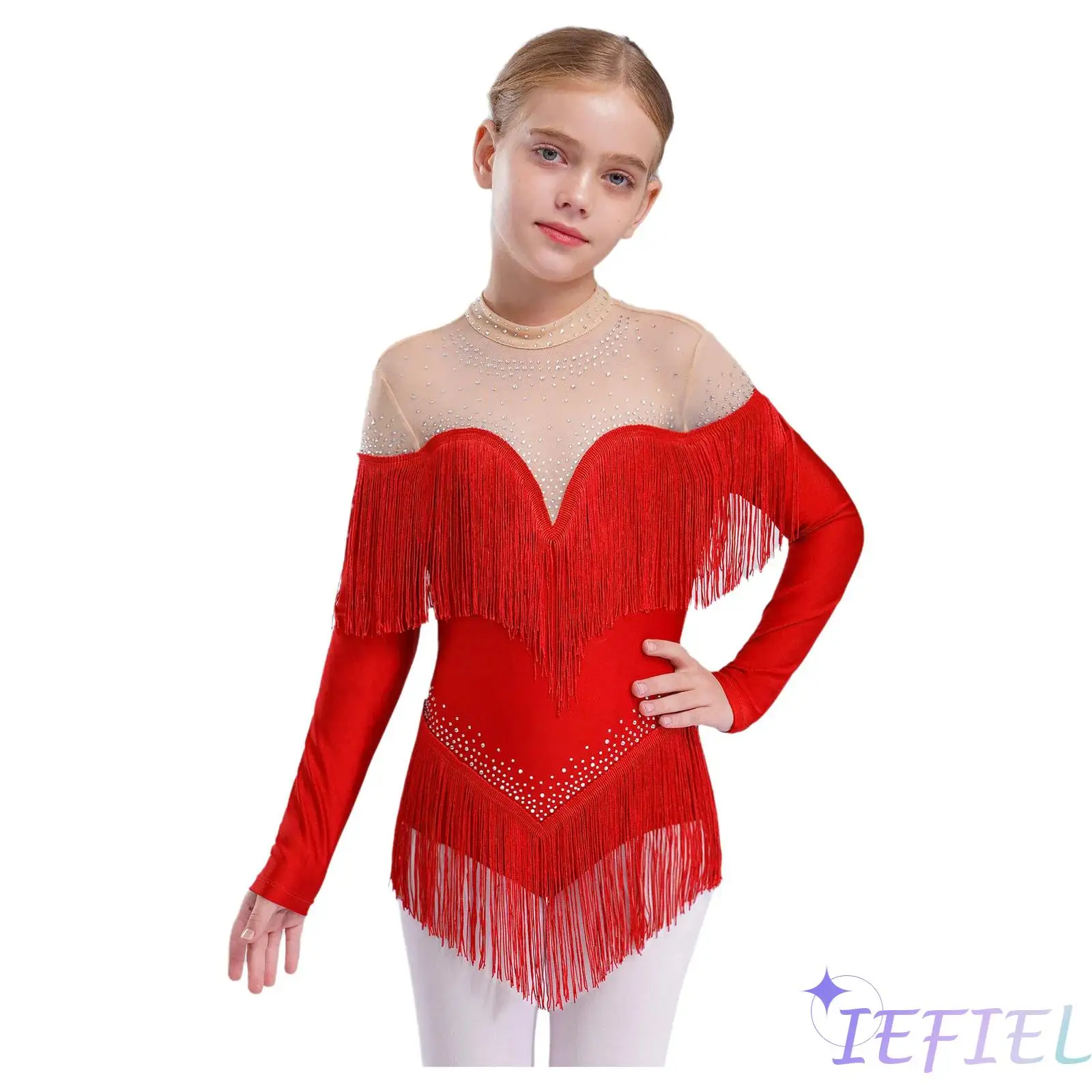 

Girls Tassel Latin Dance Leotard Stage Performance Costume Mock Neck Long Sleeve Sheer Mesh Patchwork Shiny Rhinestones Bodysuit
