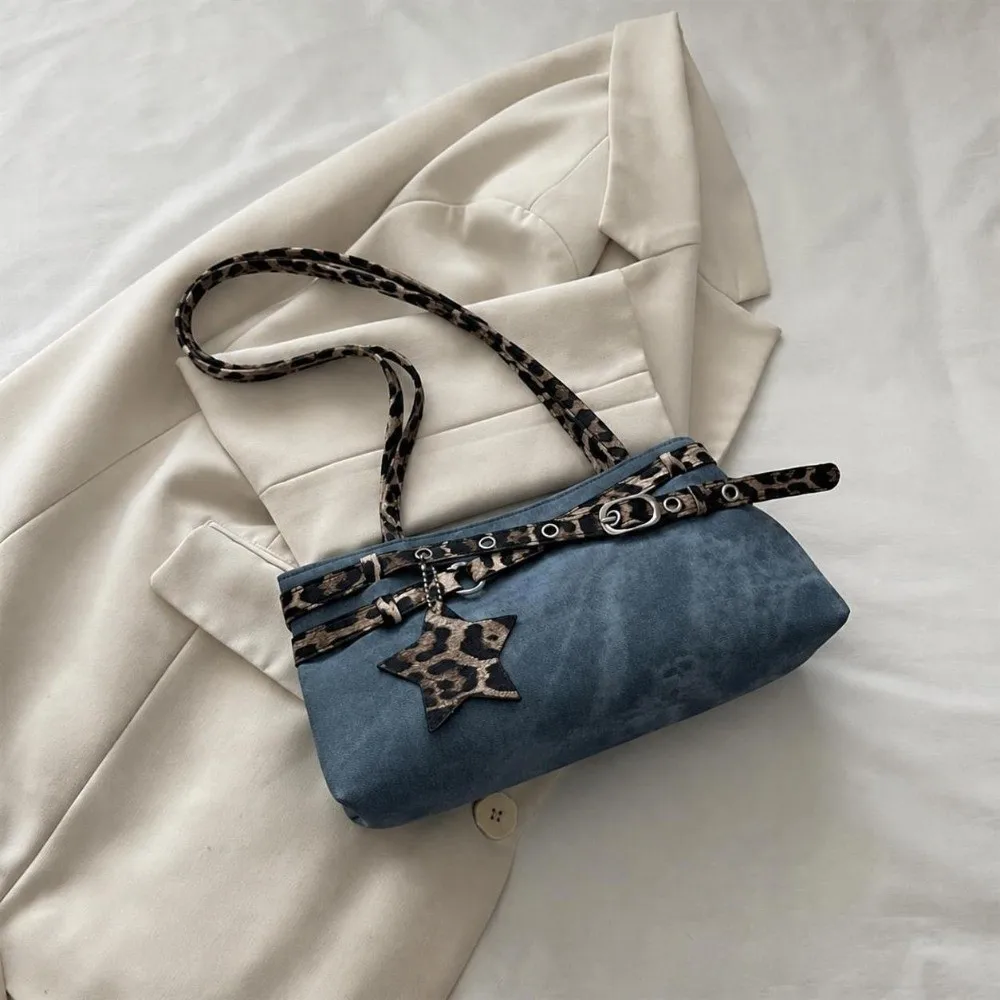 New Y2K Shoulder Bag Leopard Print Adjustable Strap Underarm Bag Star Pendant Women Handbag
