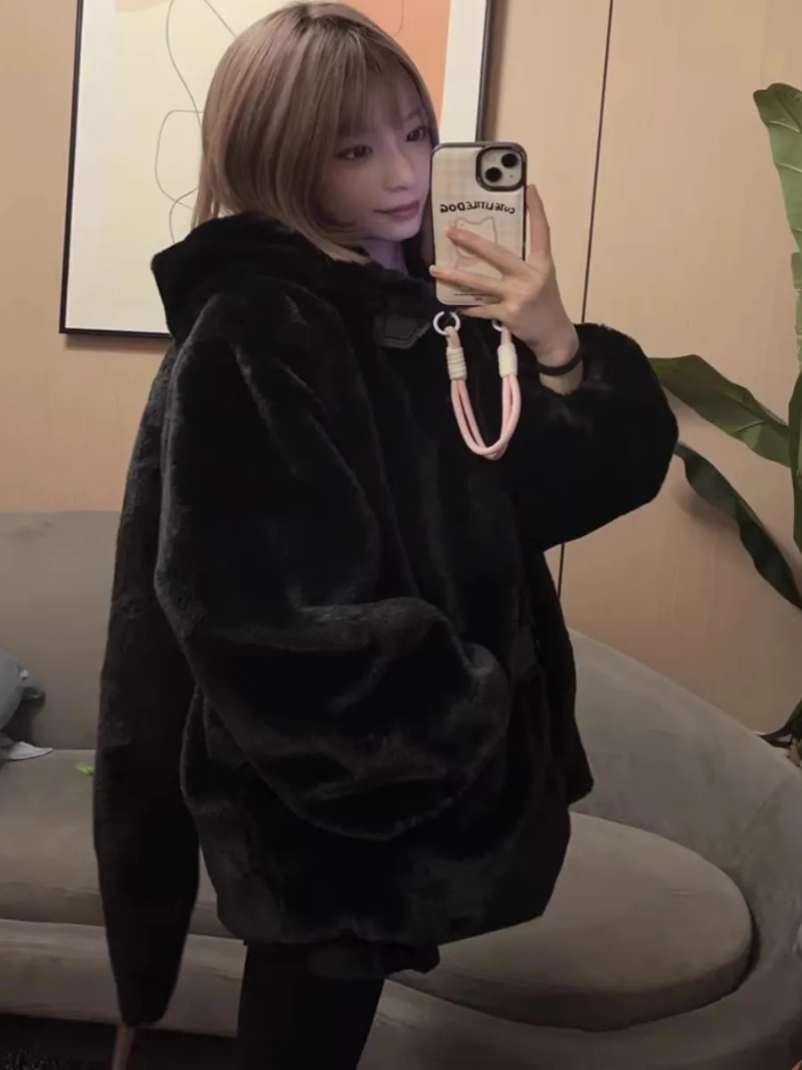 Mauroicardi Winter Warm Black Rabbit Faux Fur Coat Women with Bunny Ears Horn Buttons Sweet White Japanese Style Fluffy Jacket