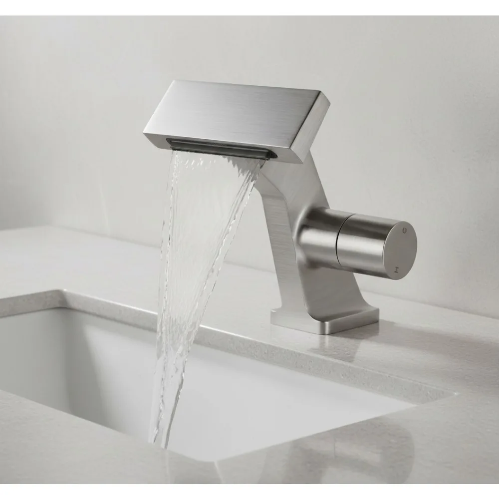 

Waterfall Bathroom Faucet Brushed Nickel, Single Handle 1 Hole Deck Mount with Supply Hoses for Vanity Basin