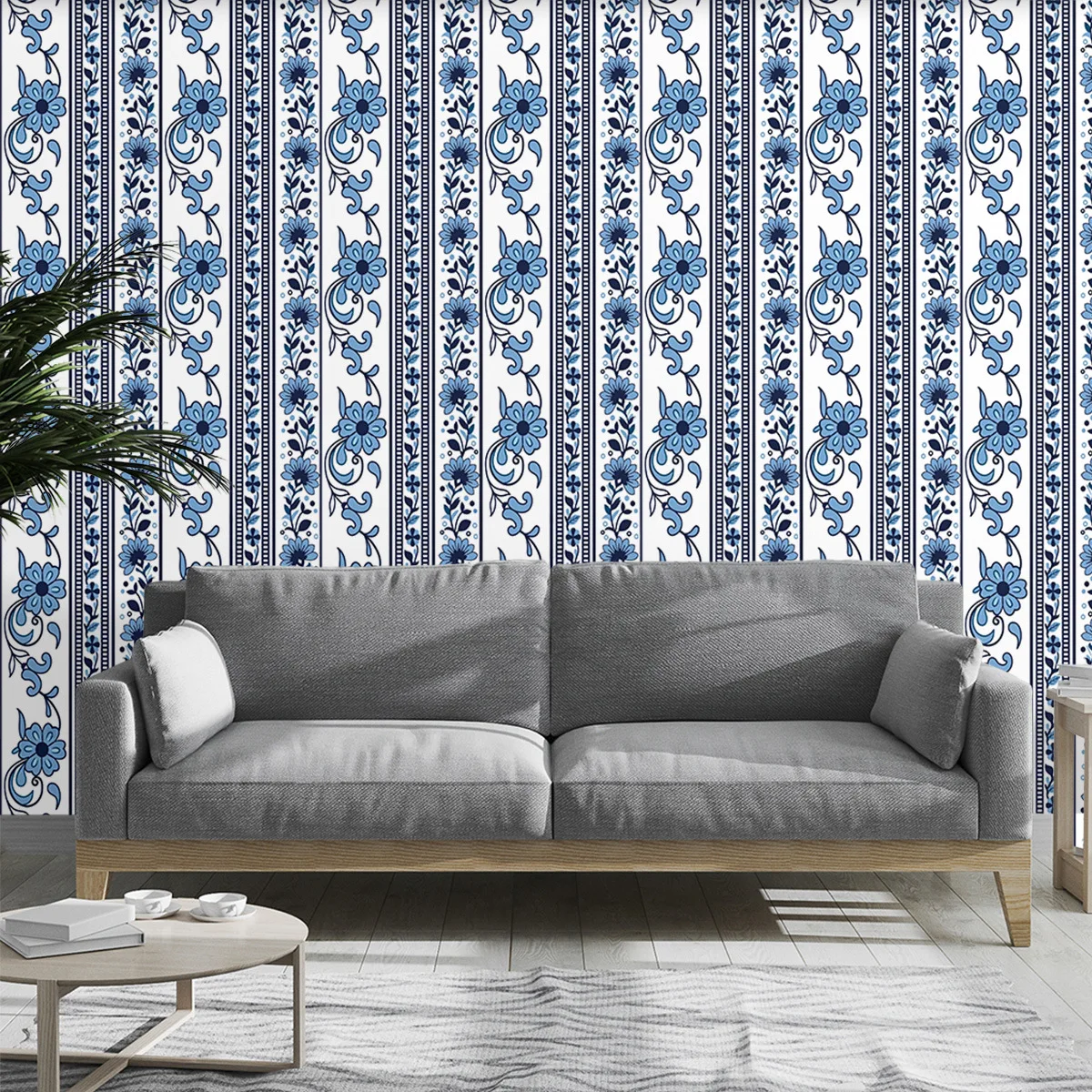 Floral Stripe Wallpaper Stick and Peel Blue Contact Paper Botanical Vine Flowers Wall Paper for Nursery Room Home Decor