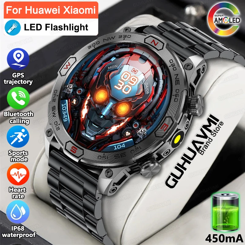 

For Huawei Xiaomi Smartwatch Men AMOLED HD Screen 450 mAh Battery Compass Fitness Tracker Bluetooth Call LED Lighting Smartwatch